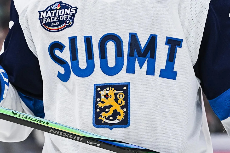 Feb 13, 2025; Montreal, Quebec, CAN; [Imagn Images direct customers only] View of a Team Finland logo on a jersey worn by a member of the team during a 4 Nations Face-Off ice hockey game against Team USA at Bell Centre. Mandatory Credit: David Kirouac-Imagn Images