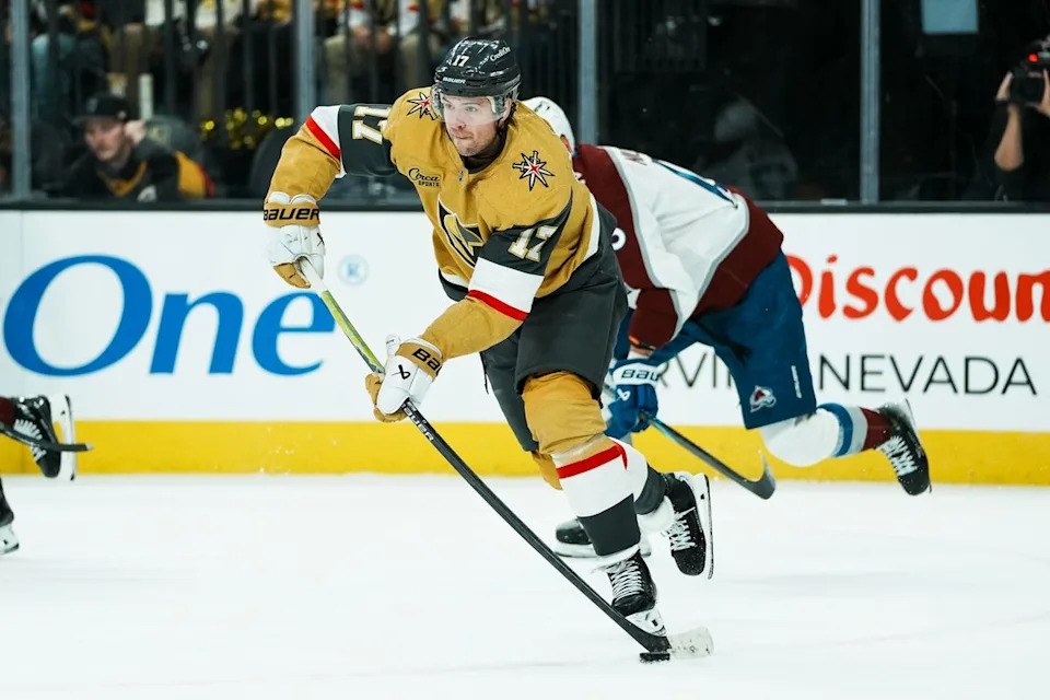 Vegas Golden Knights defenseman Ben Hunton (17) passes the puck to an awaiting teammate during third period of NHL game against Colorado Avalanche on Saturday, Dec. 27, 2025 at T-Mobile Arena in Las Vegas.