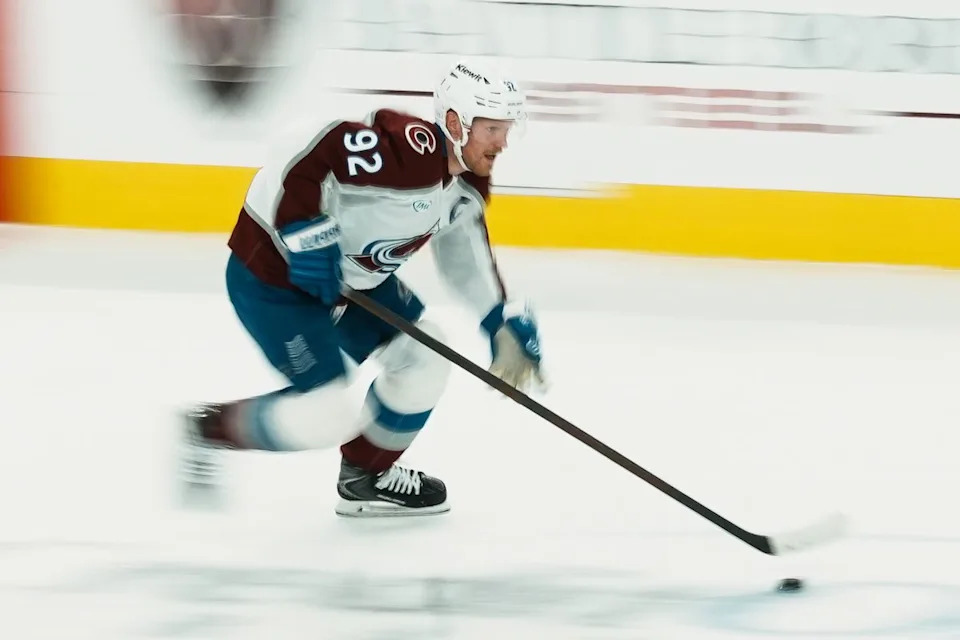 Colorado Avalanche left wing Gabriel Landeskog (92) takes the puck down the ice during first period of NHL game against Vegas Golden Knights on Saturday Dec. 27, 2025 at T-Mobile Arena in Las Vegas.