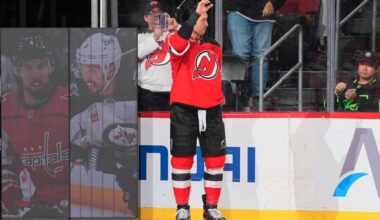 New Jersey Devils defenceman Brenden Dillon greeting the crowd while being honoured for playing his 1000th game in the NHL on Dec. 1, 2025. He achieved this during the New Jersey Devils’ game against the Columbus Blue Jackets. (NHL/New Jersey Devils/X/Twitter)