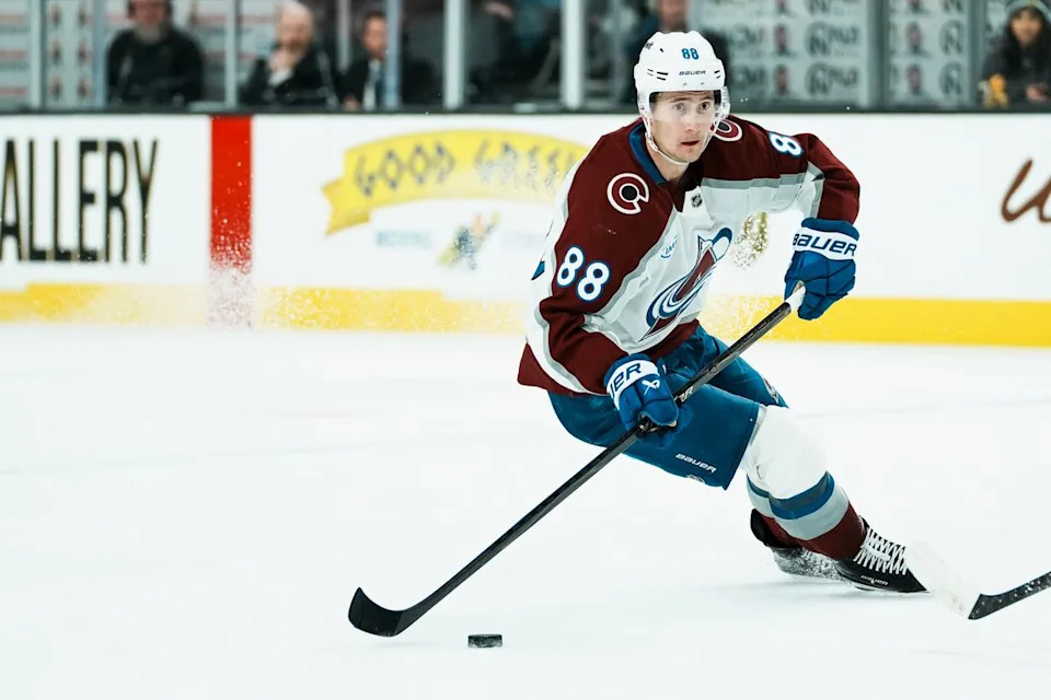 Colorado Avalanche lcenter Martin Necas (88) scans the ice during overtime of NHL game against Vegas Golden Knights on Saturday Dec. 27, 2025 at T-Mobile Arena in Las Vegas.