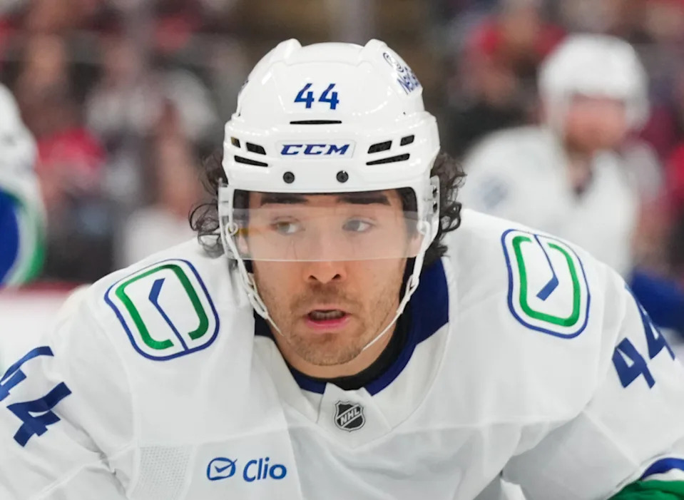 Vancouver Canucks left wing Kiefer Sherwood (44) skates at Lenovo Center.James Guillory-Imagn Images