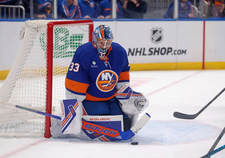 New York Islanders goaltender David Rittich (33) makes a save during the second period when the New York Islanders played the New Jersey Devils Tuesday, December 23, 2025 at UBS Arena in Elmont, NY. Robert Sabo for NY Post