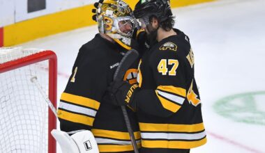 Bruins forward Mark Kastelic (47) celebrates with goaltender Jeremy Swayman after the 4-1 win over the Devils Saturday night at the Garden.