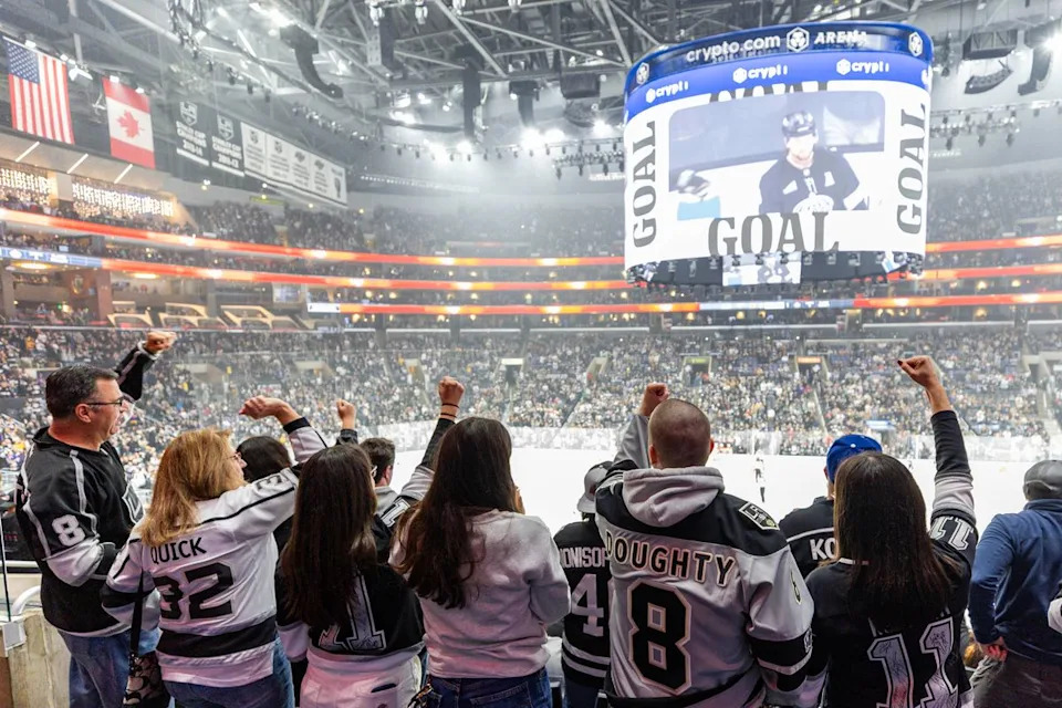 Los Angeles Kings fans celebrate a goal during an NHL hockey game between the Los Angeles Kings and Calgary Flames, Saturday December 13, 2025 in Los Angeles, Calif.