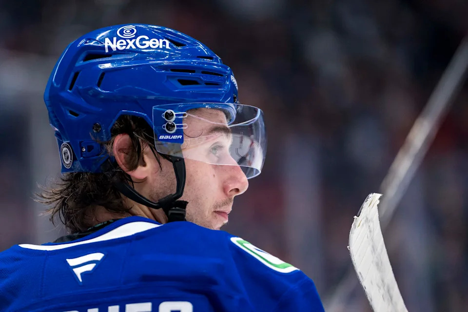 Vancouver Canucks defenseman Quinn Hughes (43) during a stoppage in play.Bob Frid-Imagn Images