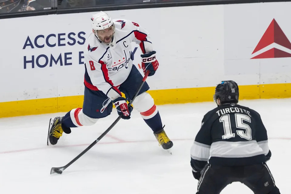 Left wing Alex Ovechkin #8 of the Washington Capitals shoots the puck during an NHL hockey game against the Los Angeles Kings, Tuesday December 2, 2025 in Los Angeles, Calif.
