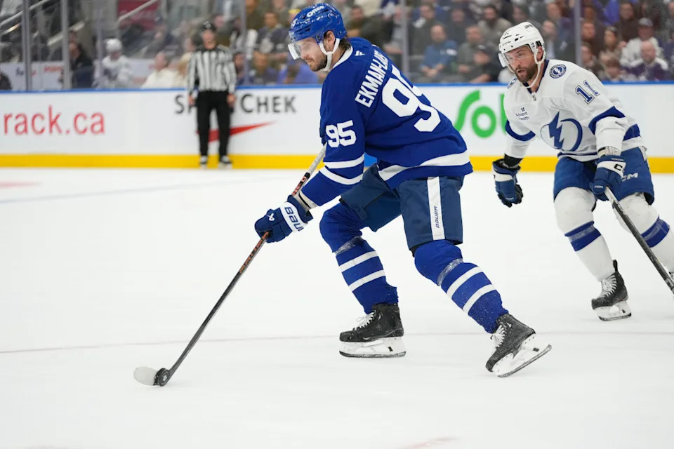 Toronto Maple Leafs defenseman Oliver Ekman-Larsson (95) carries the puck.John E&period; Sokolowski-Imagn Images