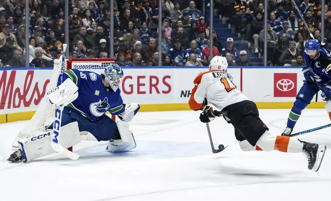 Philadelphia Flyers' Travis Konecny (11) scores on Vancouver Canucks goaltender Thatcher Demko (35) during the second period of an NHL hockey game in Vancouver, B.C., Tuesday, Dec. 30, 2025. (Ethan Cairns/The Canadian Press via AP)