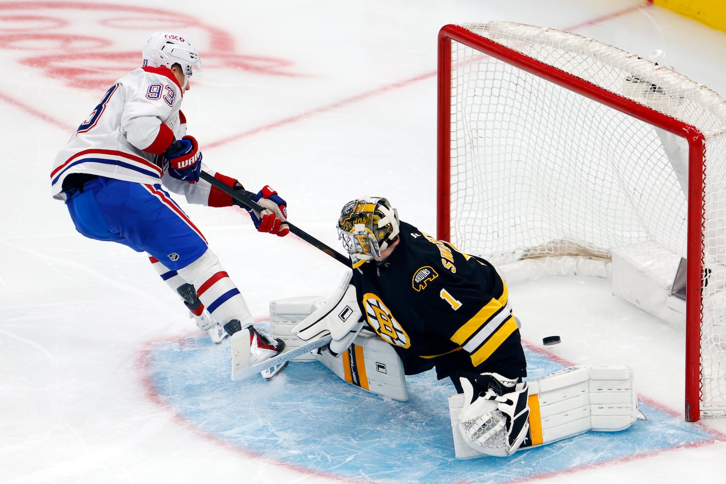 Goalie Jeremy Swayman and the Bruins lost to the Canadiens on Tuesday.