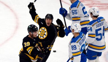 Boston Bruins center Morgan Geekie (39) and center Alex Steeves (21) celebrate a goal by Geekie during the first period at TD Garden on Dec. 4, 2025.