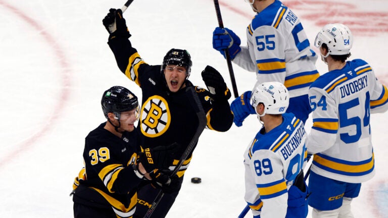 Boston Bruins center Morgan Geekie (39) and center Alex Steeves (21) celebrate a goal by Geekie during the first period at TD Garden on Dec. 4, 2025.