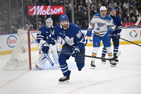 Nov 18, 2025; Toronto, Ontario, CAN; Toronto Maple Leafs defenseman Oliver Ekman-Larsson (95) pursues the play against the St. Louis Blues in the second period at Scotiabank Arena. Nov 18, 2025; Toronto, Ontario, CAN; Toronto Maple Leafs defenseman Oliver Ekman-Larsson (95) pursues the play against the St. Louis Blues in the second period at Scotiabank Arena.