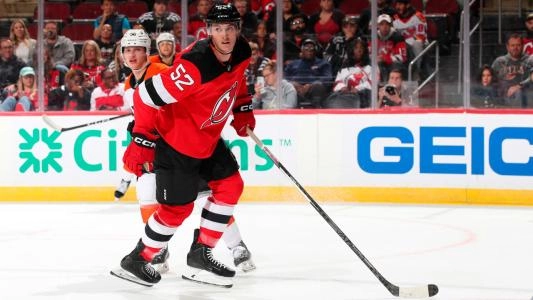 Cal Foote with the New Jersey Devils. Cal Foote with the New Jersey Devils.