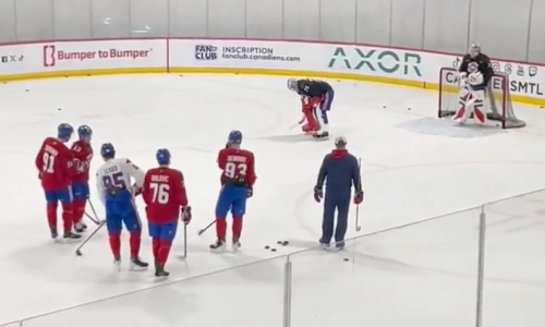 Jakub Dobes, Samuel Montembeault and Canadiens at practice in Brossard