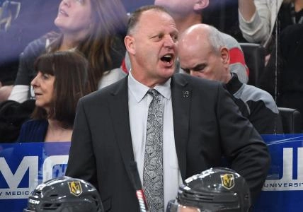 Mar 23, 2019; Las Vegas, NV, USA; Vegas Golden Knights head coach Gerard Gallant is pictured during the third period against the Detroit Red Wings at T-Mobile Arena.