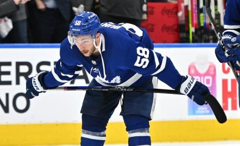 May 12, 2023; Toronto, Ontario, CAN; Toronto Maple Leafs forward Micheal Bunting (58) reacts after an overtime loss to the Florida Panthers eliminated the Leafs from their second round series of the 2023 Stanley Cup Playoffs at Scotiabank Arena. Mandatory Credit: Dan Hamilton-Imagn Images