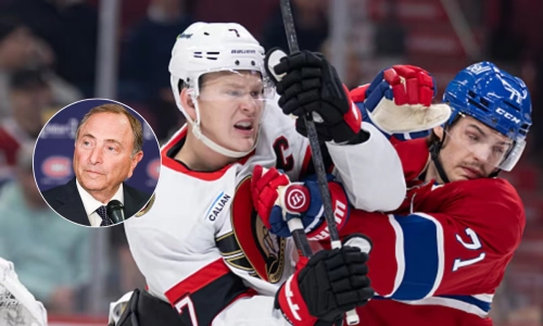 Photo of Ottawa Senators' Brady Tkachuk and Montreal Canadiens' Evans, Gary Bettman Photo of Ottawa Senators' Brady Tkachuk and Montreal Canadiens' Evans, Gary Bettman