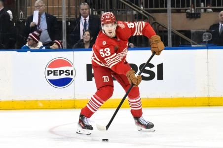 Nov 16, 2025; New York, New York, USA; Detroit Red Wings defenseman Moritz Seider (53) looks to pass the puck against the New York Rangers during the first period at Madison Square Garden. Nov 16, 2025; New York, New York, USA; Detroit Red Wings defenseman Moritz Seider (53) looks to pass the puck against the New York Rangers during the first period at Madison Square Garden.