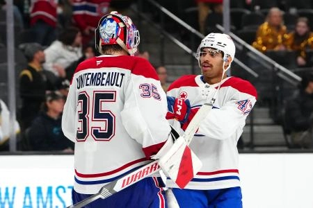 Nov 28, 2025; Las Vegas, Nevada, USA; Montréal Canadiens defenseman Jayden Struble (47) congratulates goaltender Sam Montembeault (35) after the Canadiens defeated the Vegas Golden Knights 4-1 at T-Mobile Arena. Mandatory Credit: Stephen R. Sylvanie-Imagn Images