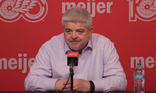 Detroit Red Wings head coach Todd McLellan in a press conference. Detroit Red Wings head coach Todd McLellan in a press conference.