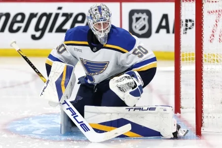 Jordan Binnington of the St. Louis Blues. Jordan Binnington of the St. Louis Blues.