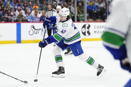 Dec 2, 2025; Denver, Colorado, USA; Vancouver Canucks defenseman Quinn Hughes (43) takes a shot on goal in the third period against the Colorado Avalanche at Ball Arena. Dec 2, 2025; Denver, Colorado, USA; Vancouver Canucks defenseman Quinn Hughes (43) takes a shot on goal in the third period against the Colorado Avalanche at Ball Arena.