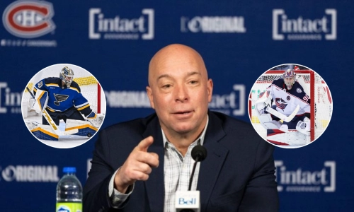 Photo of Kent Hughes, Jordan Binnington and Elvis Merzlikins