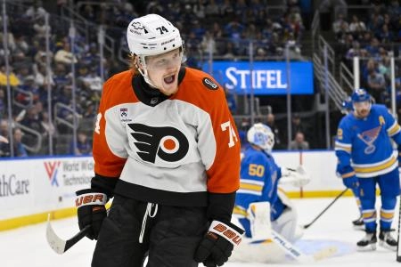 Nov 14, 2025; St. Louis, Missouri, USA; Philadelphia Flyers right wing Owen Tippett (74) reacts after scoring the game tying goal against the St. Louis Blues during the third period at Enterprise Center. Nov 14, 2025; St. Louis, Missouri, USA; Philadelphia Flyers right wing Owen Tippett (74) reacts after scoring the game tying goal against the St. Louis Blues during the third period at Enterprise Center.
