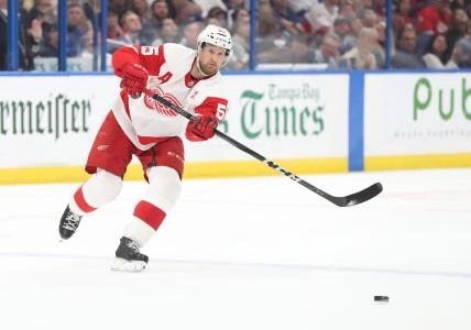 Mar 9, 2019; Tampa, FL, USA;Detroit Red Wings defenseman Niklas Kronwall (55) skates with the puck during the second period at Amalie Arena.