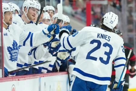 Dec 4, 2025; Raleigh, North Carolina, USA; Toronto Maple Leafs left wing Matthew Knies (23) celebrates his goal against the Carolina Hurricanes during the second period at Lenovo Center. Dec 4, 2025; Raleigh, North Carolina, USA; Toronto Maple Leafs left wing Matthew Knies (23) celebrates his goal against the Carolina Hurricanes during the second period at Lenovo Center.