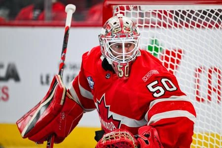 Feb 12, 2025; Montreal, Quebec, CAN; [Imagn Images direct customers only] Team Canada goalie Jordan Binnington (50) tracks the play against Team Sweden in the second period during a 4 Nations Face-Off ice hockey game at Bell Centre. Mandatory Credit: David Kirouac-Imagn Images