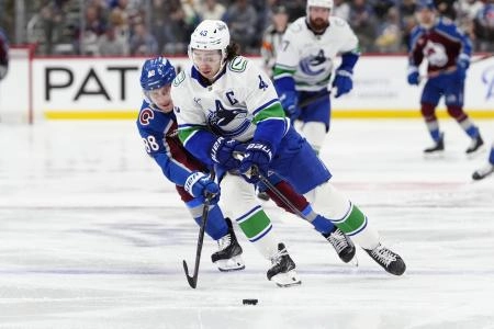 Dec 2, 2025; Denver, Colorado, USA; Colorado Avalanche center Martin Necas (88) defends on Vancouver Canucks defenseman Quinn Hughes (43) during the second period at Ball Arena. Dec 2, 2025; Denver, Colorado, USA; Colorado Avalanche center Martin Necas (88) defends on Vancouver Canucks defenseman Quinn Hughes (43) during the second period at Ball Arena.