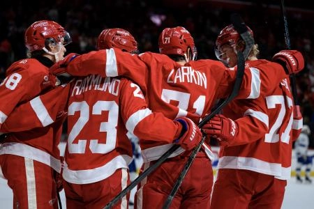 Nov 28, 2025; Detroit, Michigan, USA; Detroit Red Wings center Dylan Larkin (71) celebrates with his teammates after scoring a goal against the Tampa Bay Lightning in the second period at Little Caesars Arena. Nov 28, 2025; Detroit, Michigan, USA; Detroit Red Wings center Dylan Larkin (71) celebrates with his teammates after scoring a goal against the Tampa Bay Lightning in the second period at Little Caesars Arena.