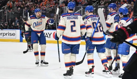 Oilers' Leon Draisaitl celebrates with teammates after win over Seattle