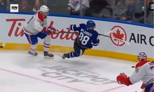 Photo of Noah Dobson getting called for a tripping vs the Maple Leafs. Photo of Noah Dobson getting called for a tripping vs the Maple Leafs.