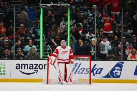 Dec 6, 2025; Seattle, Washington, USA; Detroit Red Wings goaltender John Gibson (36) looks up at the scoreboard after the Detroit Red Wings defeated the Seattle Kraken at Climate Pledge Arena. Mandatory Credit: