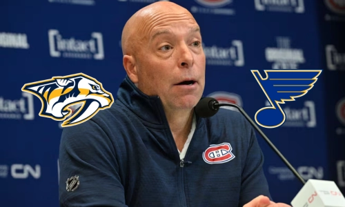 Photo of Kent Hughes, Nashville Predators logo, St. Louis Blues logo Photo of Kent Hughes, Nashville Predators logo, St. Louis Blues logo