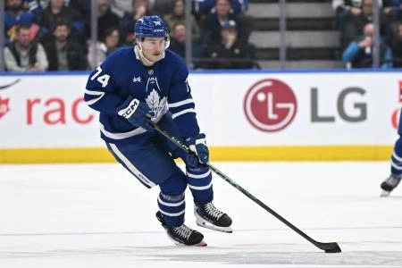 Nov 13, 2025; Toronto, Ontario, CAN; Toronto Maple Leafs forward Bobby McMann (74) skates with the puck against Los Angeles Kings in the third period at Scotiabank Arena. Nov 13, 2025; Toronto, Ontario, CAN; Toronto Maple Leafs forward Bobby McMann (74) skates with the puck against Los Angeles Kings in the third period at Scotiabank Arena.