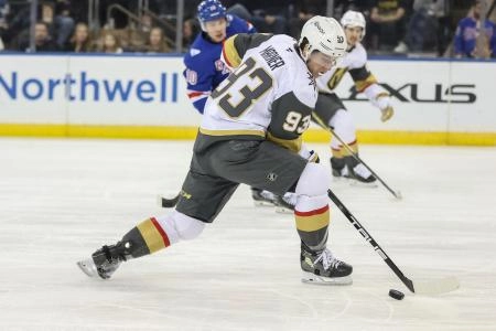 Dec 7, 2025; New York, New York, USA; Vegas Golden Knights right wing Mitch Marner (93) controls the puck in the first period against the New York Rangers at Madison Square Garden. Mandatory Credit: Wendell Cruz-Imagn Images