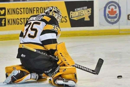 Kingston Frontenacs goaltender Brandon Bonello makes a save during an unidentified OHL game. Kingston Frontenacs goaltender Brandon Bonello makes a save during an unidentified OHL game.
