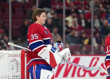 Dec 9, 2025; Montreal, Quebec, CAN; Montreal Canadiens goalie Sam Montembeault (35) during the third period of the game against the Tampa Bay Lightning at the Bell Centre. Mandatory Credit: Eric Bolte-Imagn Images