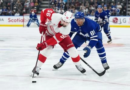 Oct 2, 2025; Toronto, Ontario, CAN; Toronto Maple Leafs center Dakota Joshua (81) battles for the puck with Detroit Red Wings defenseman Erik Gustafsson (56) during the first period at Scotiabank Arena. Oct 2, 2025; Toronto, Ontario, CAN; Toronto Maple Leafs center Dakota Joshua (81) battles for the puck with Detroit Red Wings defenseman Erik Gustafsson (56) during the first period at Scotiabank Arena.