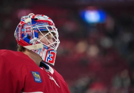 Dec 9, 2025; Montreal, Quebec, CAN; Montreal Canadiens goalie Sam Montembeault (35) skates during the warmup before the game against the Tampa Bay Lightning at the Bell Centre. Mandatory Credit: Eric Bolte-Imagn Images