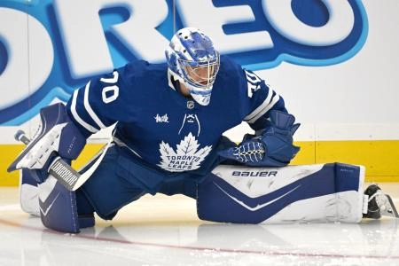 Nov 13, 2025; Toronto, Ontario, CAN; Toronto Maple Leafs goalie Artur Akhtyamov (70) warms up before playing the Los Angeles Kings at Scotiabank Arena