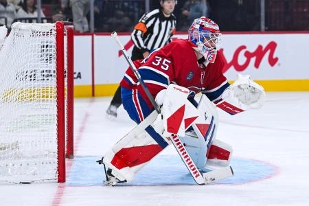 Oct 4, 2025; Montreal, Quebec, CAN; Montreal Canadiens goalie Samuel Montembeault (35) tracks the play against the Ottawa Senators during the second period at Bell Centre.