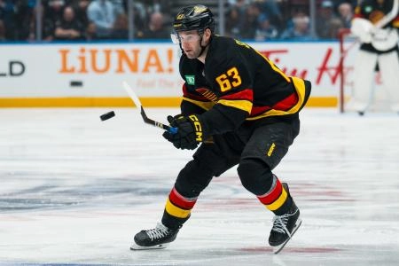 Dec 11, 2025; Vancouver, British Columbia, CAN; Vancouver Canucks forward Max Sasson (63) knocks a puck down against the Buffalo Sabres in the third period at Rogers Arena. Dec 11, 2025; Vancouver, British Columbia, CAN; Vancouver Canucks forward Max Sasson (63) knocks a puck down against the Buffalo Sabres in the third period at Rogers Arena.