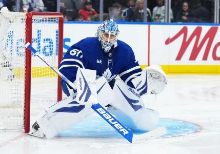 Dec 16, 2025; Toronto, Ontario, CAN; Toronto Maple Leafs goaltender Joseph Woll (60) follows the play against the Chicago Blackhawks during the second period at Scotiabank Arena. Mandatory Credit: Nick Turchiaro-Imagn Images