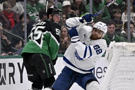Dec 21, 2025; Dallas, Texas, USA; Dallas Stars defenseman Thomas Harley (55) and Toronto Maple Leafs right wing William Nylander (88) chase the puck during the first period at the American Airlines Center. Mandatory Credit: Jerome Miron-Imagn Images