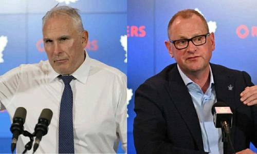Toronto Maple Leafs head coach Craig Berube (left) and GM Brad Treliving (right)